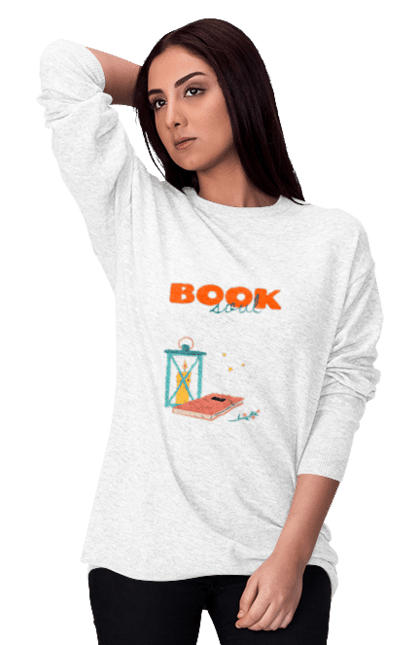 Світшот жіночий з принтом "Книжкова душа". Душа, книги, книголюб, книголюбка, книжки, магія, світло, яскравий. ART принт на футболках