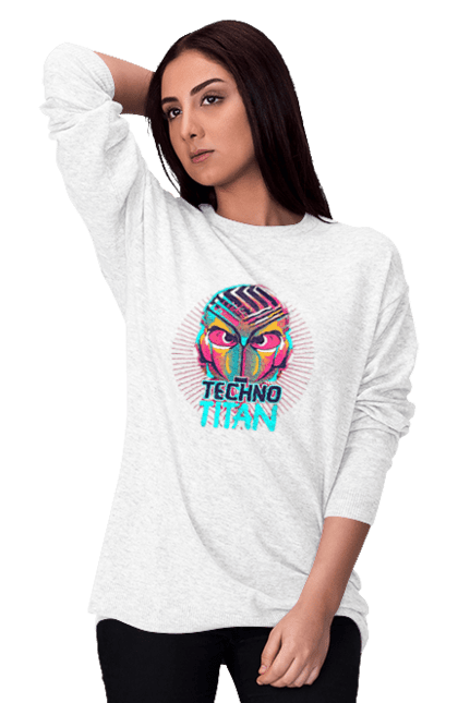 Світшот жіночий з принтом "Techno Titan (ver 2)". Диджей, клуб, музика, стиль, техно. CustomPrint.market