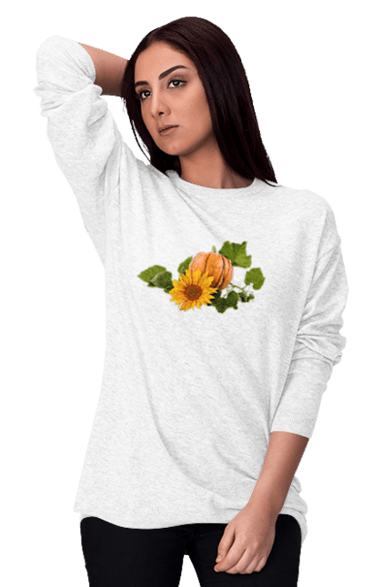 Світшот жіночий з принтом "Соняшник і гарбуз". Гарбуз, квітка, композиція, листя, овоч, осінній, осінь, плід, помаранчевий, сезон, соняшник, стигла. ART принт на футболках