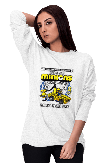 Світшот жіночий з принтом "Minions Banana Racing Car". Банан, гоночний автомобіль, міньйон, міньйони. Funkotee