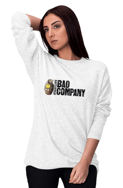 Світшот жіночий з принтом "Battlefield: Bad Company". Bad company, battlefield, батлфілд, гра, ігри, логотип, погана компанія. ART принт на футболках