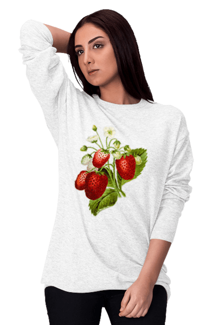 Світшот жіночий з принтом "Полуниця". Букет, делікатес, зріла, їжа, квіти, листя, літо, полуниця, полуничка, смачно, стигла, урожай, червона, ягода, ягоди. ART принт на футболках