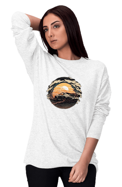 Світшот жіночий з принтом "Додж на заході сонця". Авто, автомобіль, додж, машина, машини. ART принт на футболках