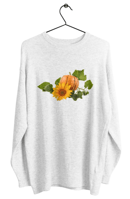 Світшот жіночий з принтом "Соняшник і гарбуз". Гарбуз, квітка, композиція, листя, овоч, осінній, осінь, плід, помаранчевий, сезон, соняшник, стигла. ART принт на футболках