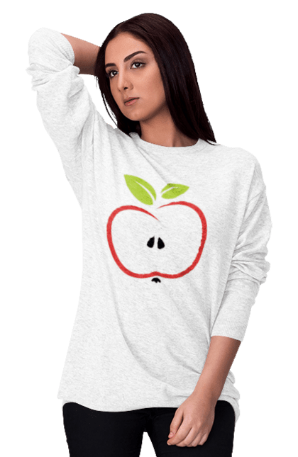 Світшот жіночий з принтом "Яблуко". В розрізі, веган, вегетаріанець, делікатес, дієта, їжа, листя, літо, плід, половина, половинка, смачно, стигле, урожай, червоне, яблуко, яблучко. ART принт на футболках