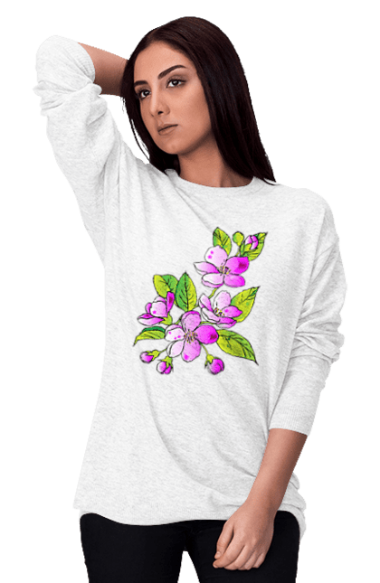 Світшот жіночий з принтом "Квітуче дерево навесні". Весна, вишня, гілка, дерево, квіти, квітка, листя, ніжність, рожевий, сакура, сезон, слива, цвітіння, яблуня. ART принт на футболках
