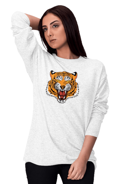 Світшот жіночий з принтом "Тигр". Велика кішка, великий кіт, дика природа, дикий, звір, зуби, паща, погляд, портрет, природа, стилізація, тварина, тигр, хижак. ART принт на футболках