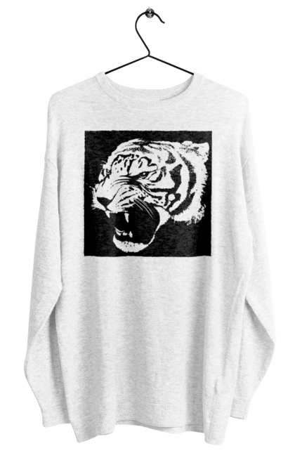 Світшот жіночий з принтом "Тигр моно чорний". Велика кішка, великий кіт, дика природа, дикий, звір, зуби, паща, погляд, портрет, природа, стилізація, тварина, тигр, хижак. ART принт на футболках