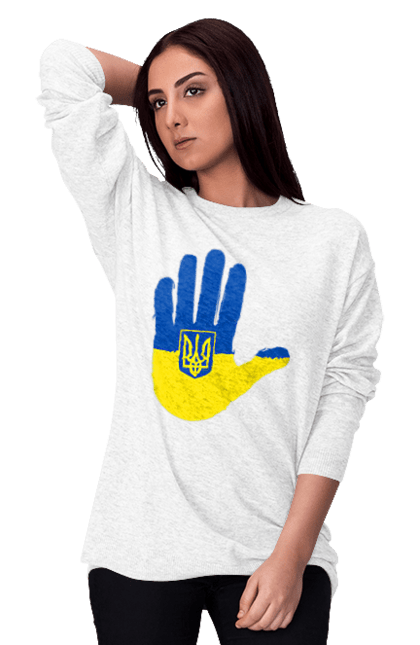 Світшот жіночий з принтом "Долоня українця". Війна, герб україни, долоня українця, патріот, прапор, рука, україна, українець. CustomPrint.market