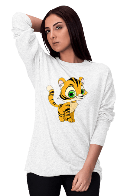Світшот жіночий з принтом "Маленький тигр". Велика кішка, великий кіт, веселий, дика природа, дикий, дитинча, звір, маленький, мульт, мультик, мультфільм, погляд, портрет, природа, стилізація, тварина, тигр, тигреня, хижак. ART принт на футболках