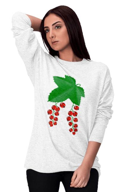 Світшот жіночий з принтом "Порічки Червоні". Делікатес, зріла, їжа, листя, літо, порічки, порічки червоні, смачно, смородина, стигла, урожай, червона, червона смородина, ягідка, ягода, ягоди. ART принт на футболках