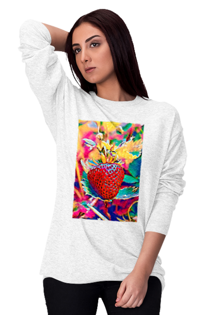 Світшот жіночий з принтом "Полуниця стилізована". Делікатес, імпресіонізм, їжа, кольору, літо, на кущі, полуниця, полуничка, смачно, стигла, стилізація, стиль, сюрреалізм, фарба, червона, ягода, яскрава. ART принт на футболках