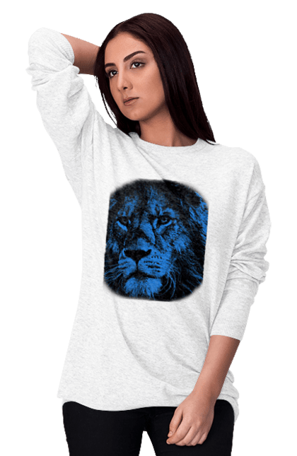 Світшот жіночий з принтом "Лев". Дикі тварини, лев, леви, тварини, чорний колір. CustomPrint.market