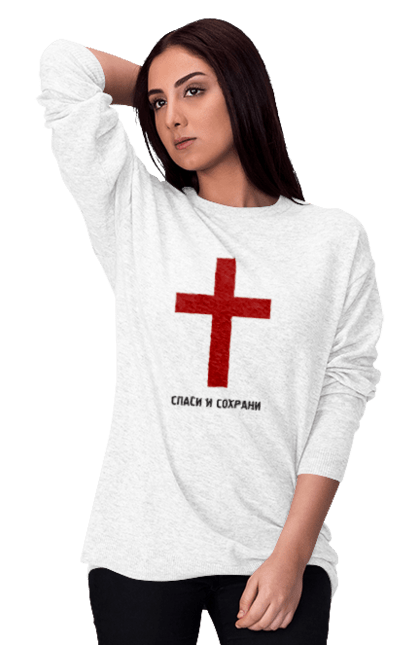 Світшот жіночий з принтом "Хрест". Збереження, порятунок, символ, хрест, червоний. CustomPrint.market