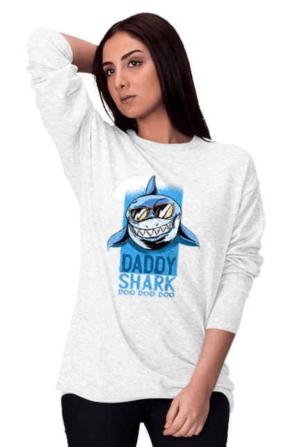 Світшот жіночий з принтом "Daddy Shark". Dad, daddy, батька, батько, батя, день, день батька, зять, коханий чоловік, мужик, папа, папулечка, подарунок, свято, улюблений, чоловік, яжбати. CustomPrint.market