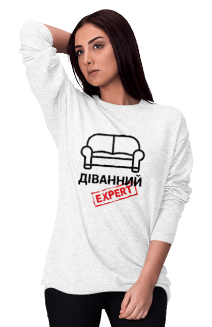 Світшот жіночий з принтом "Діваний Експерт". Divan expert, герб, гомер, диваний експерт, диванный эксперт, зсу, патріотичні, русский военный корабль, стяг, україна. ART принт на футболках