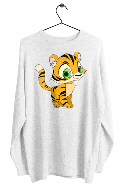 Світшот жіночий з принтом "Маленький тигр". Велика кішка, великий кіт, веселий, дика природа, дикий, дитинча, звір, маленький, мульт, мультик, мультфільм, погляд, портрет, природа, стилізація, тварина, тигр, тигреня, хижак. ART принт на футболках