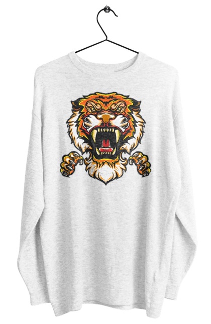 Світшот жіночий з принтом "Східний тигр". Велика кішка, великий кіт, дика природа, дикий, звір, зуби, паща, погляд, портрет, природа, стилізація, тварина, тигр, хижак. ART принт на футболках