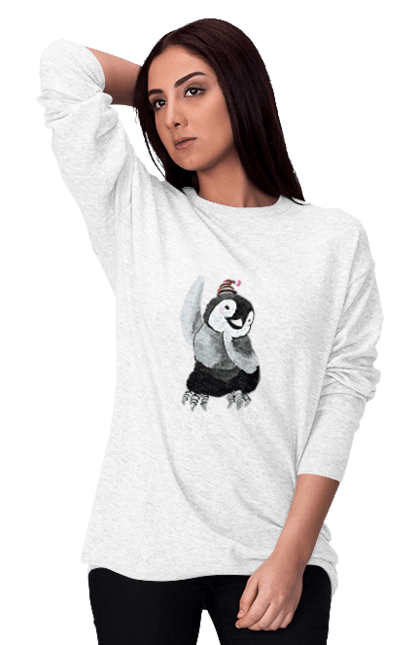 Світшот жіночий з принтом "Пінгвін". Забавний, зима, зимовий, новий рік, пінгвін, пінгвіненя, різдво, святковий, танцюючий, холод. ART принт на футболках