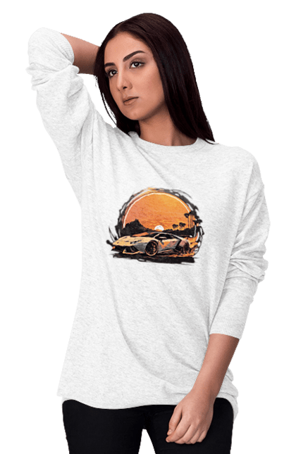 Світшот жіночий з принтом "Ламборджині на заході сонця". Авто, автомобіль, ламборджині, машина, машини. ART принт на футболках