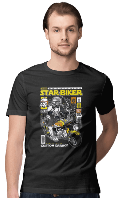 Футболка чоловіча з принтом "Starbiker". Велосипед, війни, гра, зірка, зоряна війна, зоряні війни, мото, фільм. Funkotee