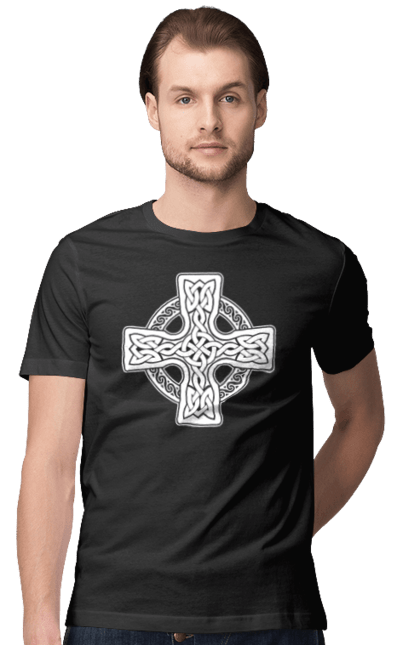 Футболка чоловіча з принтом "Кельтский крест". Вікінги, древні руни, кельтский крест, оберіг, руни. CustomPrint.market