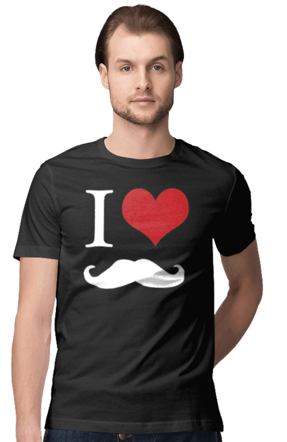 Футболка чоловіча з принтом "Я люблю вуса". Брутальний, вуса, вусатий, гумор, жарт, любов, почуття, прикол, серце. ART принт на футболках