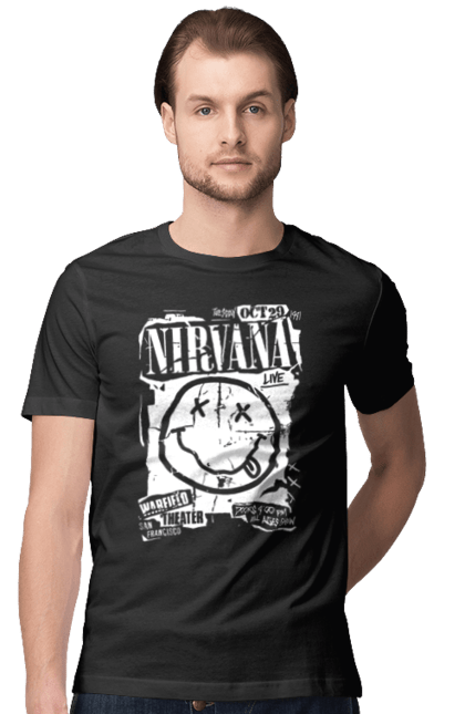 Футболка чоловіча з принтом "Nirvana San Francisco". Nirvana, важкий рок, любитель музики, меломан, музика, рок н ролл, фанк рок, хард рок. CustomPrint.market