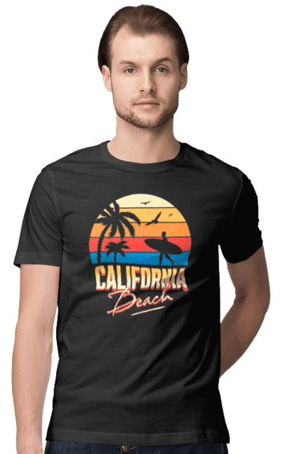 Футболка чоловіча з принтом "Каліфорнія Пляж Ретро Сонце". Відпочинок, відпустка, каліфорнія, літо, море, пляж, серфінг, сонце. ART принт на футболках