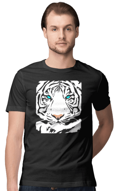 Футболка чоловіча з принтом "Тигр білий прозорий". Білий, білий тигр, велика кішка, великий кіт, дика природа, дикий, звір, зуби, паща, погляд, портрет, природа, стилізація, тварина, тигр, хижак. CustomPrint.market