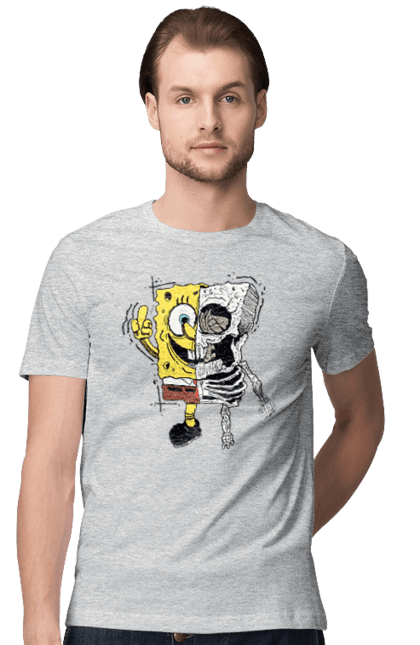 Футболка чоловіча з принтом "Спанч Боб Череп". Spongebob, губка боб, кістки, мультик, скелет, череп. AndreA
