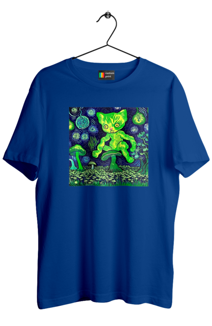 Футболка чоловіча з принтом "Кіт грибник". Галюцинація, гриби, ілюзія, кіт, космос, наркоман, треш. ART принт на футболках