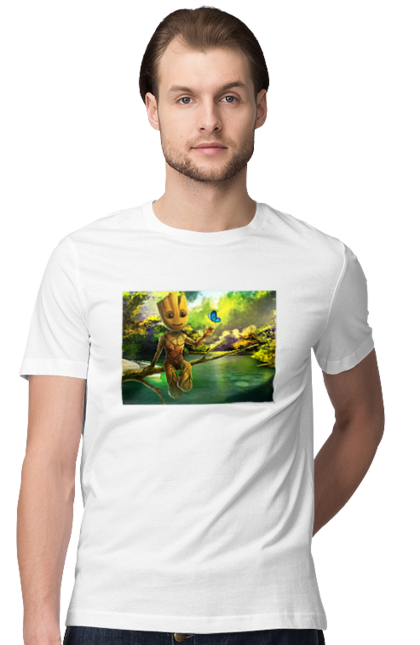 Футболка чоловіча з принтом "Грут з метеликом". Гілка, грут, дерево, метелик, озеро, ставок. ART принт на футболках