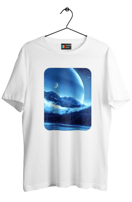 Футболка чоловіча з принтом "Пейзаж". Гори, космос, краса, ліс, місяць, пейзаж, хмари. ART принт на футболках