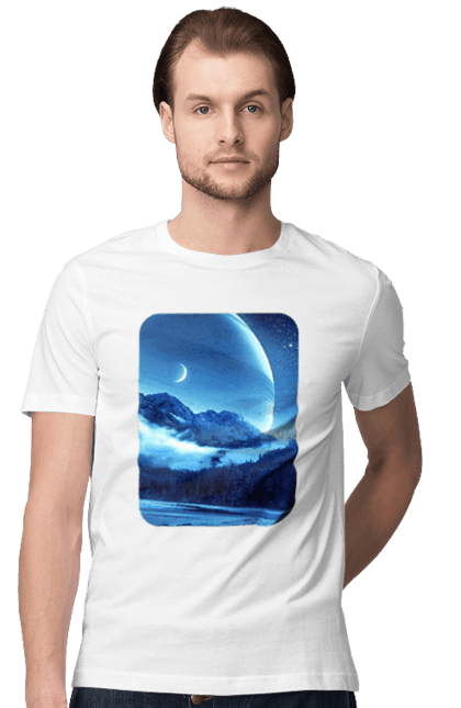 Футболка чоловіча з принтом "Пейзаж". Гори, космос, краса, ліс, місяць, пейзаж, хмари. ART принт на футболках