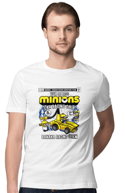 Футболка чоловіча з принтом "Minions Banana Racing Car". Банан, гоночний автомобіль, міньйон, міньйони. Funkotee
