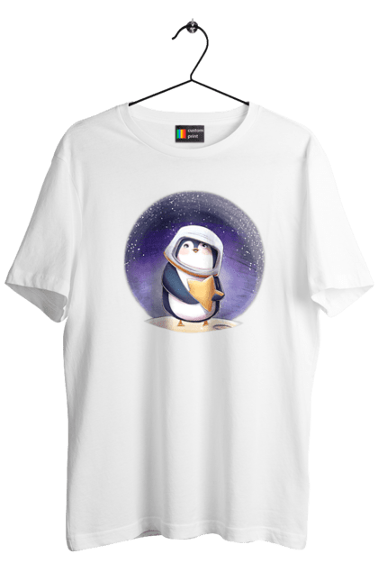 Футболка чоловіча з принтом "Пінгвін Космонавт". Авторський принт, зірка, ілюстрація, космонавт, космос, милі тварини, мультяшні, мультяшні персонажі, пінгвін. AndreA