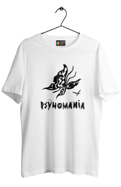 Футболка чоловіча з принтом "Psyhomania Black". Psyho, готика, гранж, графіті, малюнок, метелик, психо, рок, хіпі. CustomPrint.market
