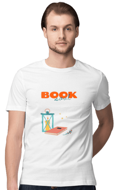Футболка чоловіча з принтом "Книжкова душа". Душа, книги, книголюб, книголюбка, книжки, магія, світло, яскравий. ART принт на футболках