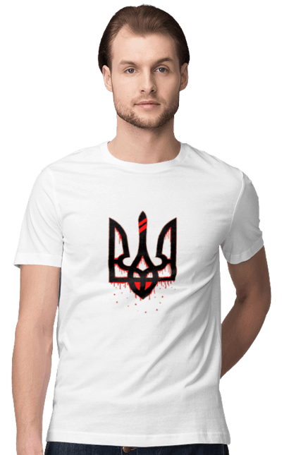 Футболка чоловіча з принтом "Символ незламності". Герб україни, кров, плач матерів, символ незламності, символіка україни, тризуб україни, україна. ART принт на футболках