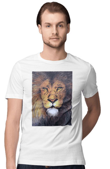 Футболка чоловіча з принтом "Лев". Великий кіт, голова, дика природа, звір, знак зодіаку, знаки зодіаку, зодіак, крейда, лев, морда, олівець, природа, стилізований, стиль, тварина, хижак, хижий. ART принт на футболках