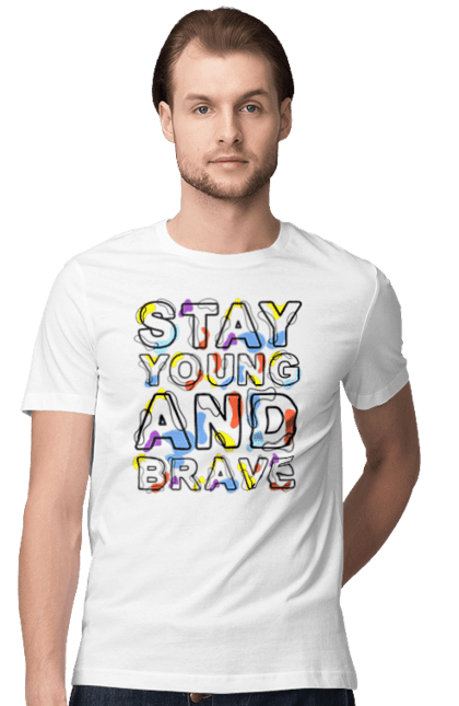 Футболка чоловіча з принтом "Залишайся молодим і сміливим". Залишайся молодим, молодість, мужність, сміливість. KRUTO.  Магазин популярних футболок