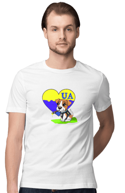 Футболка чоловіча з принтом "Патрон Пікассо". Жовто блакитний, кольори україни, патрон, патрон художник, пес патрон, серце, собаченя, україна. ART принт на футболках