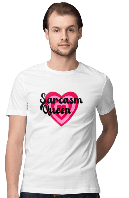 Футболка чоловіча з принтом "Sarcasm Queen Heart". Queeen, sarcasm, напис, ретро, серце. CustomPrint.market