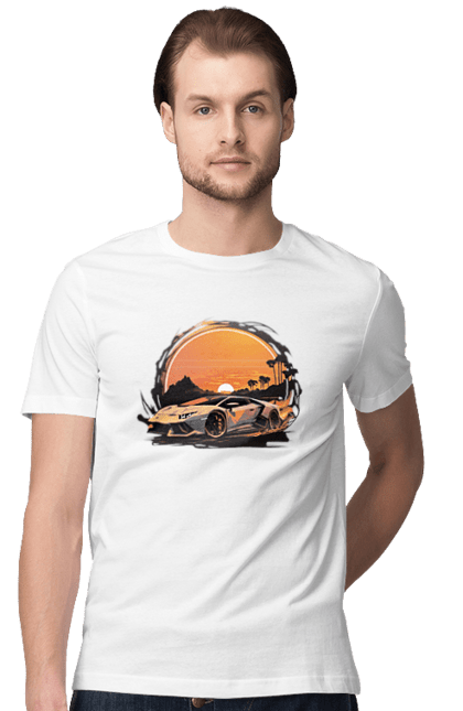 Футболка чоловіча з принтом "Ламборджині на заході сонця". Авто, автомобіль, ламборджині, машина, машини. CustomPrint.market