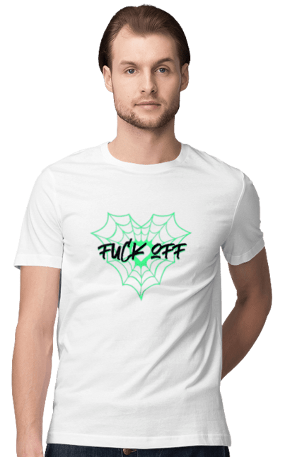 Футболка чоловіча з принтом "Fuck Off Green". Fuckoff, графіті, зелений, кастом, напис, павук, павутиння, слоган, цитата. CustomPrint.market