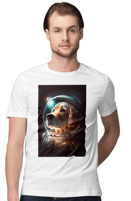 Футболка чоловіча з принтом "Собака космонавт". Astronaut, midjourney, астронавт, картинки нейросети, космонавт, космос, миджорни, принт нейросети, собака, создана нейросетью. ART принт на футболках