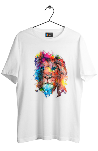 Футболка чоловіча з принтом "Лев із фарби". Барвистий лев, індійський лев, лев, лев та холі, розмальовка, святковий лев, фарби, холи. ART принт на футболках