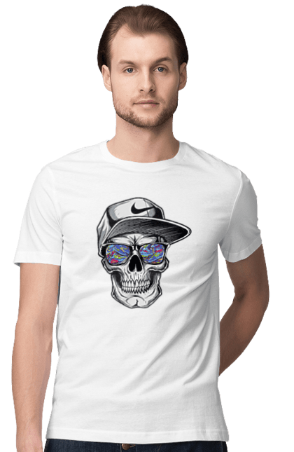 Футболка чоловіча з принтом "Череп в кепці". Кепка, логотип, найк, окуляри, посмішка, череп. CustomPrint.market