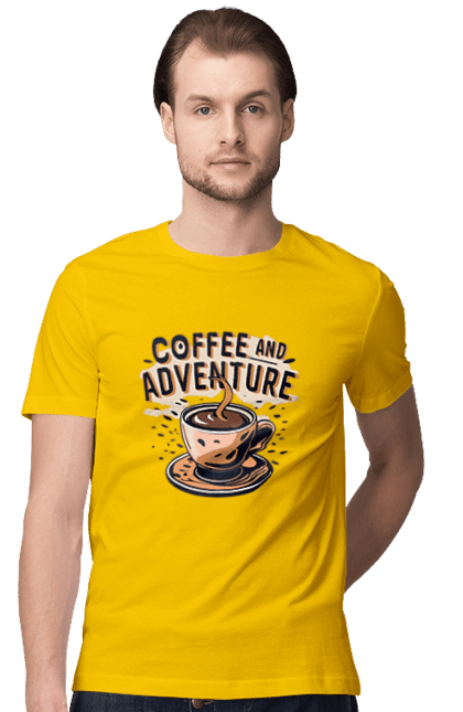 Футболка чоловіча з принтом "Coffee and Adventure". Дизайн, кава, настрій, позитив, стиль. futbolka.stylus.ua